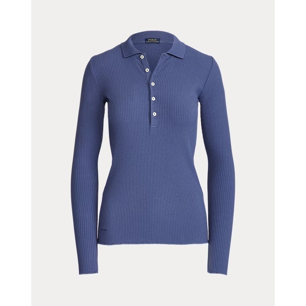 Polo Ralph Lauren Womens Blue Ribbed Long Sleeve Polo Shirt XS Slim Fit Rib Knit